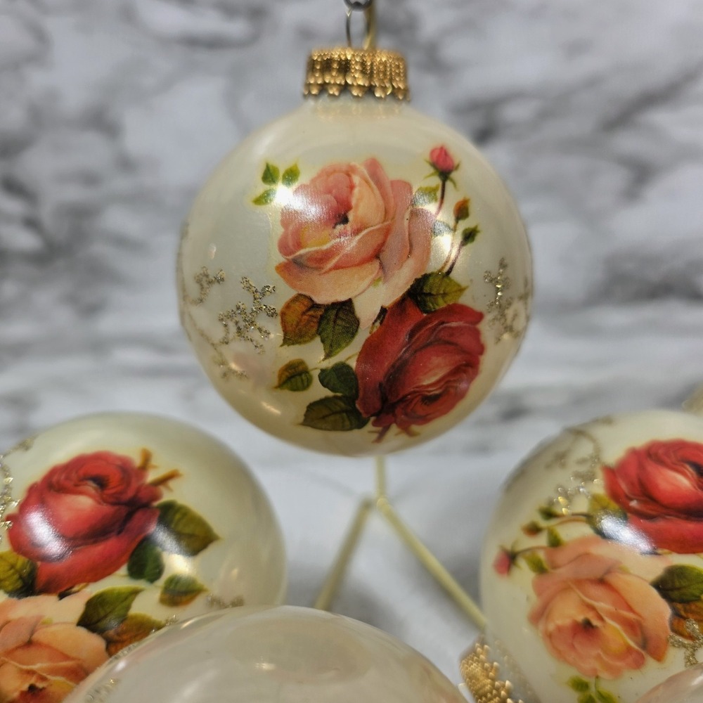 Vintage Christmas by Krebs Rose Floral Glass Ornaments Set of 8 NO BOX - Picture 2 of 5